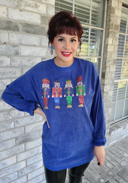 Sequin Nutcracker Lightweight Corduroy Sweater- Royal Blue