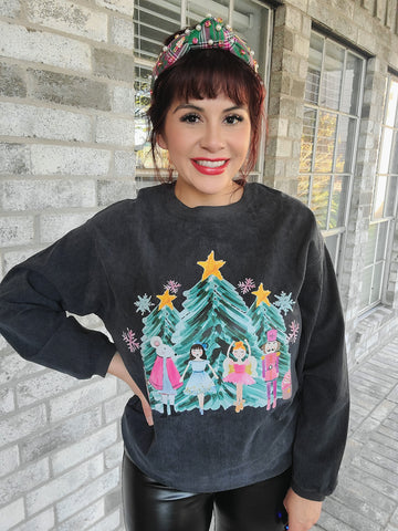 Nutcracker Watercolor Lightweight Corduroy Sweater- Charcoal