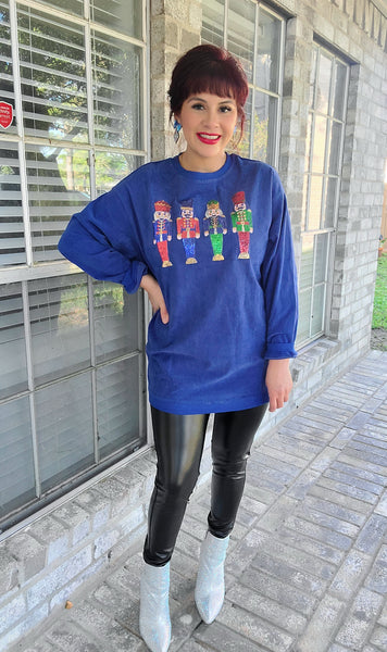 Sequin Nutcracker Lightweight Corduroy Sweater- Royal Blue