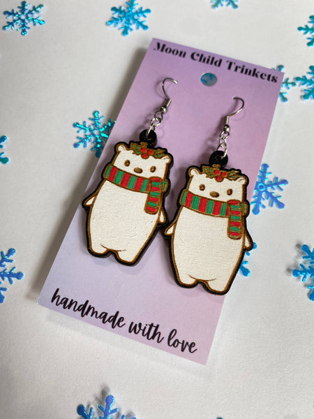 Christmas Polar Bear Hand Painted Wood Earrings