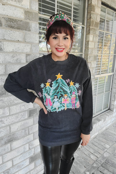 Nutcracker Watercolor Lightweight Corduroy Sweater- Charcoal