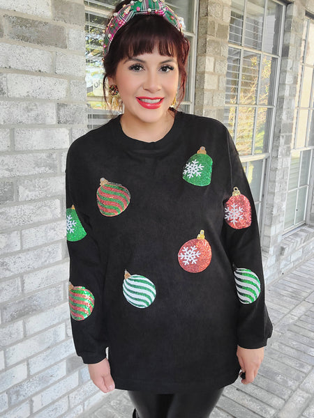 Sequin Ornament Lightweight Corduroy Sweater- Black