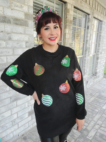 Sequin Ornament Lightweight Corduroy Sweater- Black