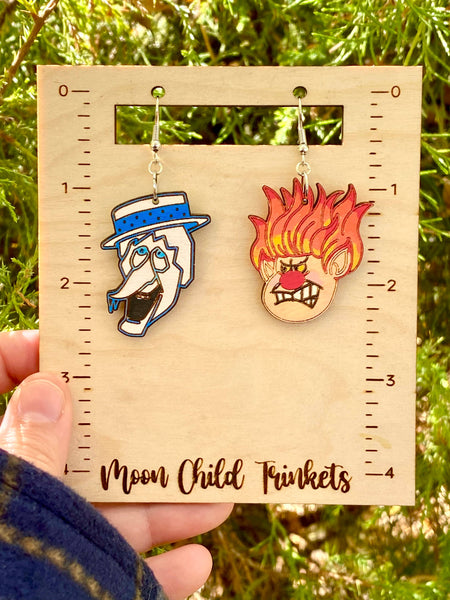 Christmas Snow Miser & Heat Miser Hand Painted Drop Earrings