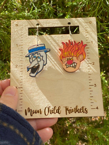 Christmas Snow Miser & Heat Miser Hand Painted Drop Earrings