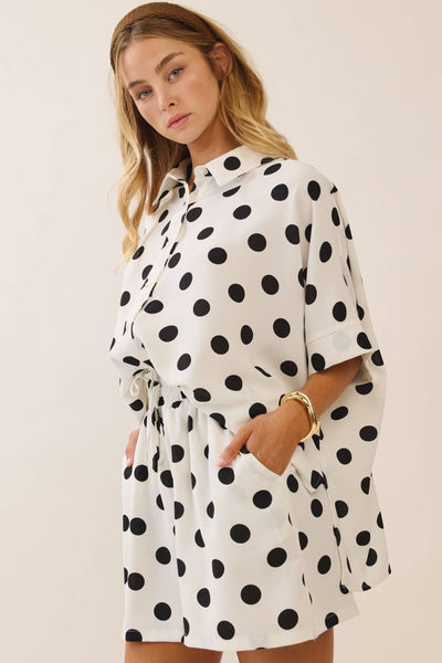 Polka Dot Short Sleeve Button-up Top