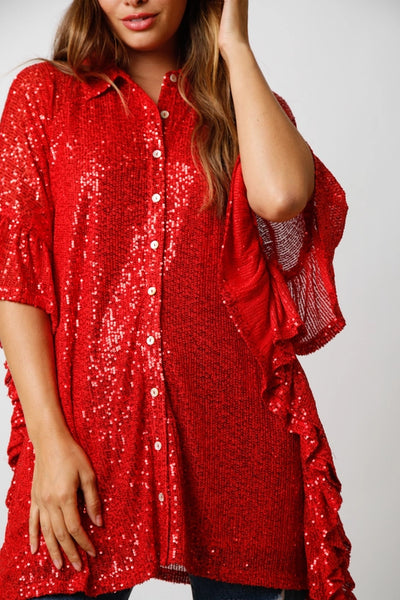 Holiday Festivities Ruby Red Sequin Button Down Top