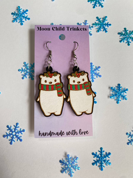 Christmas Polar Bear Hand Painted Wood Earrings