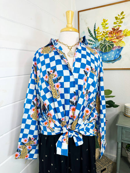 Blue Checkered Cheetah Button Down
