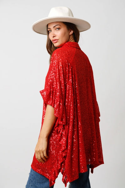 Holiday Festivities Ruby Red Sequin Button Down Top
