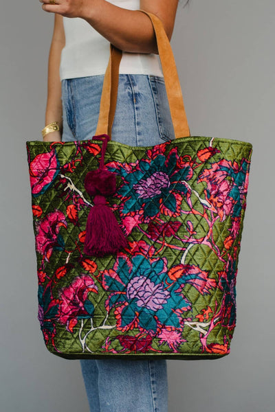 Fall Dreams Olive & Multicolored Floral Tote