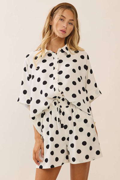 Polka Dot Short Sleeve Button-up Top
