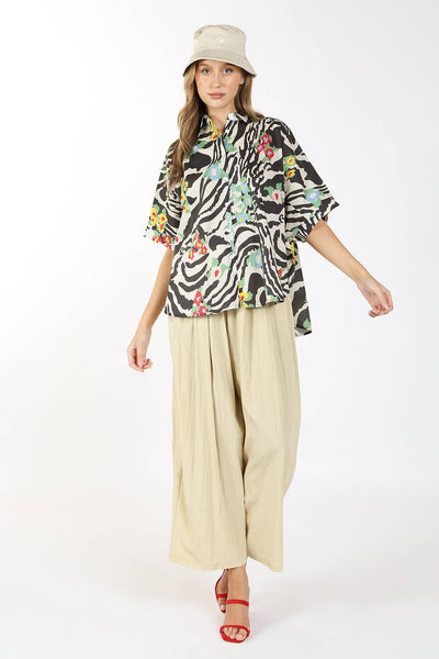 Beulah Style Oversized Zebra Button Down Top