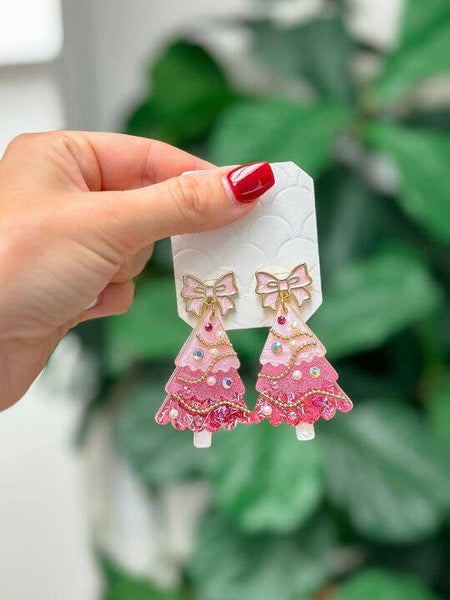 Light Pink Bow Christmas Tree Dangle Earrings