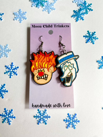 Christmas Snow Miser & Heat Miser Hand Painted Drop Earrings