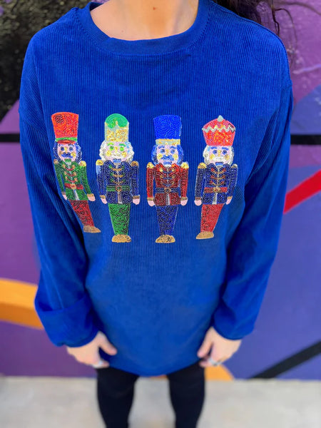 Sequin Nutcracker Lightweight Corduroy Sweater- Royal Blue