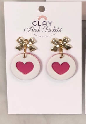 Bow Layered Heart Disc Dangle Earrings