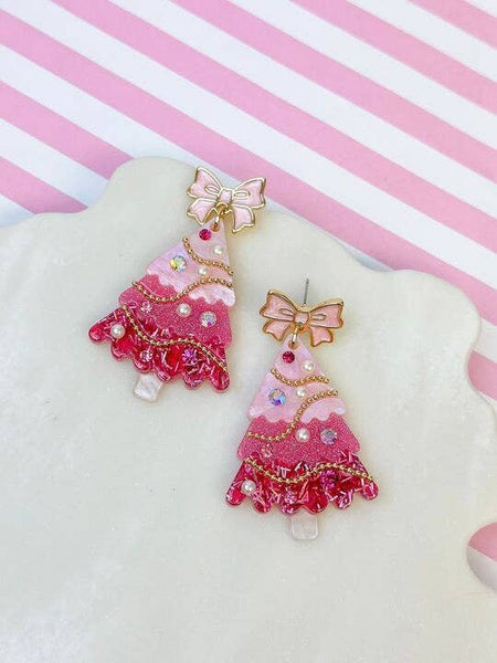 Light Pink Bow Christmas Tree Dangle Earrings