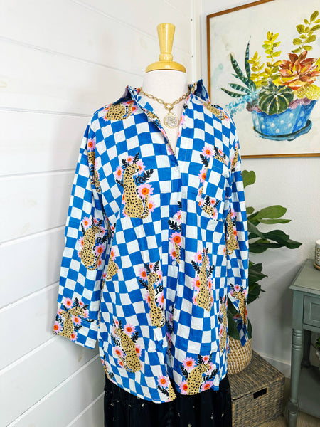 Blue Checkered Cheetah Button Down