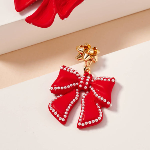 Christmas Bow Enamel Dangling Earrings