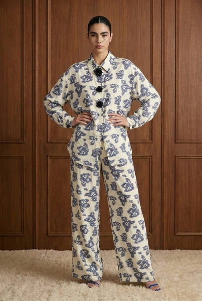 Beulah Style Floral Appliqué Shirt And Wide Leg Trouser Set