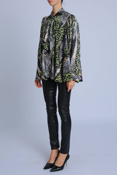 Beulah Style Leopard Printed Satin Blouse