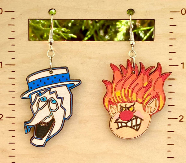 Christmas Snow Miser & Heat Miser Hand Painted Drop Earrings