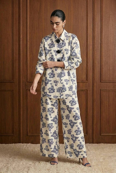 Beulah Style Floral Appliqué Shirt And Wide Leg Trouser Set