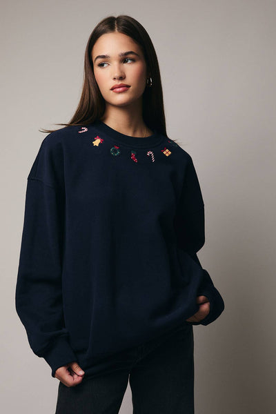 Subtle and Sweet Christmas Embroidered Collar Sweater