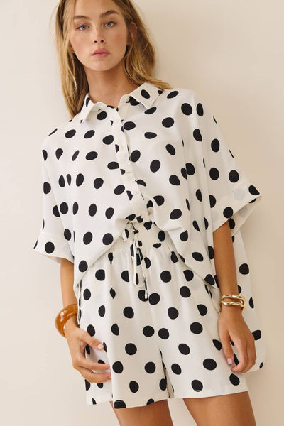 Polka Dot Short Sleeve Button-up Top