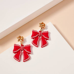 Christmas Bow Enamel Dangling Earrings