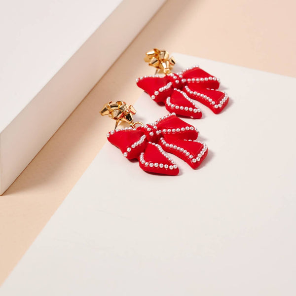 Christmas Bow Enamel Dangling Earrings