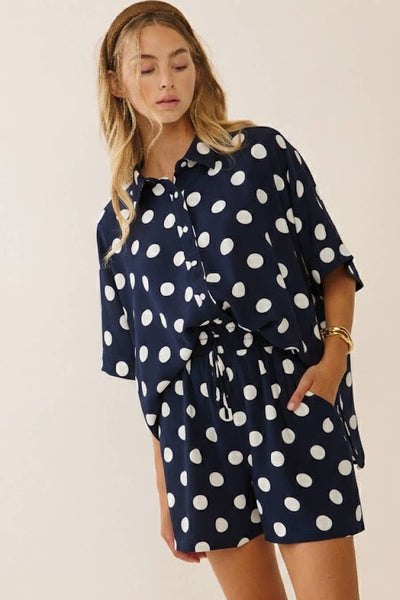 Polka Dot Short Sleeve Button-up Top