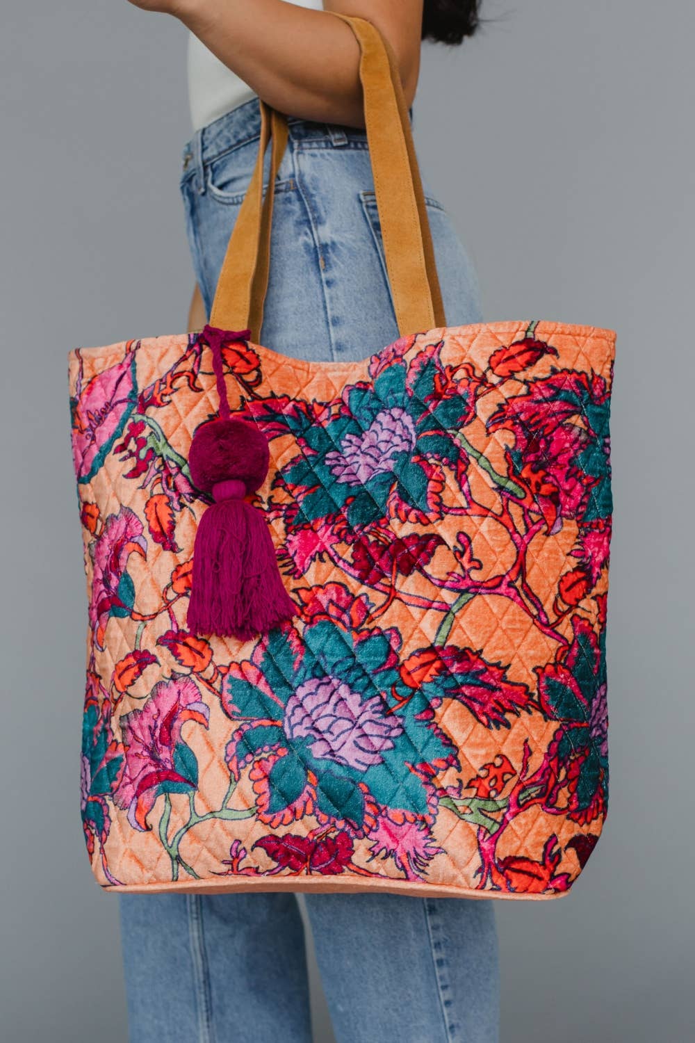 Winter Dreams Light Orange & Multicolored Velvet Floral Tote