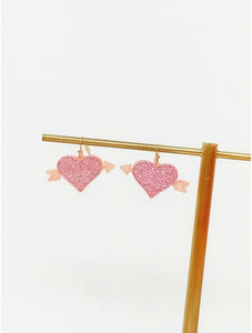 Bow & Arrow Heart Dangle Earrings-Kiss Me Pink
