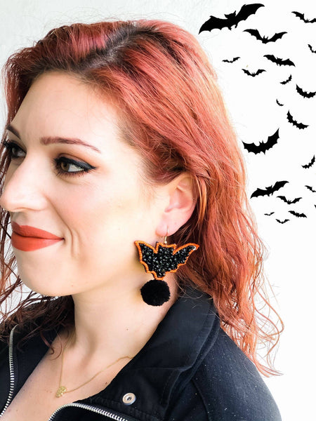 Spooky Bat Beaded Dangle Earrings