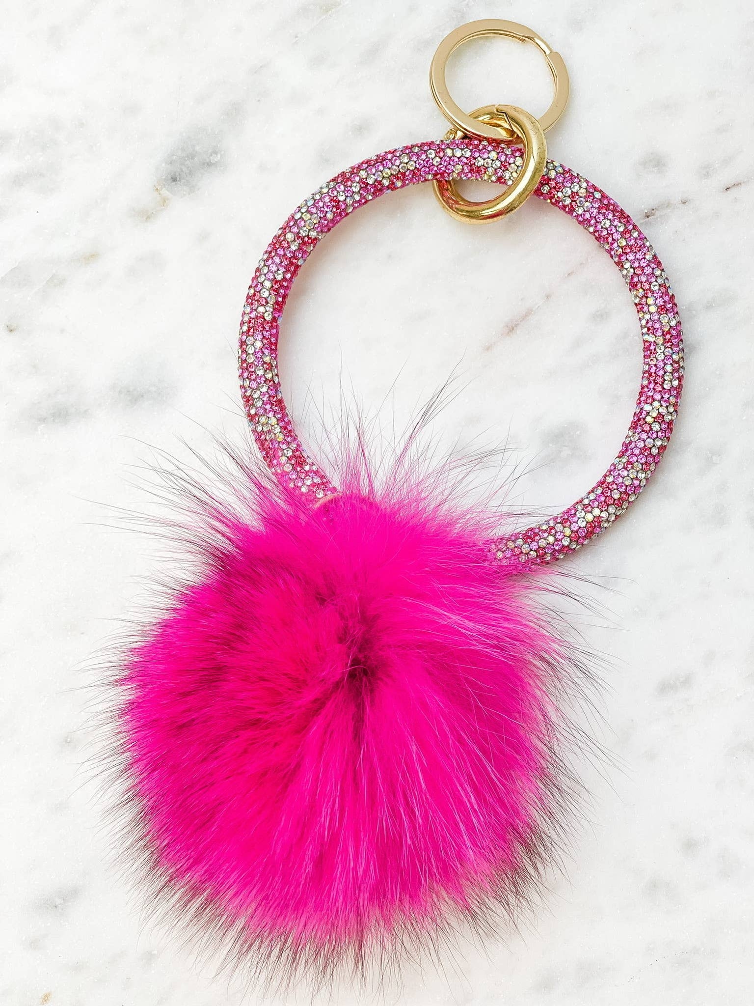 Pom Pom Crystal Rhinestone Bangle Key Ring-Hot Pink