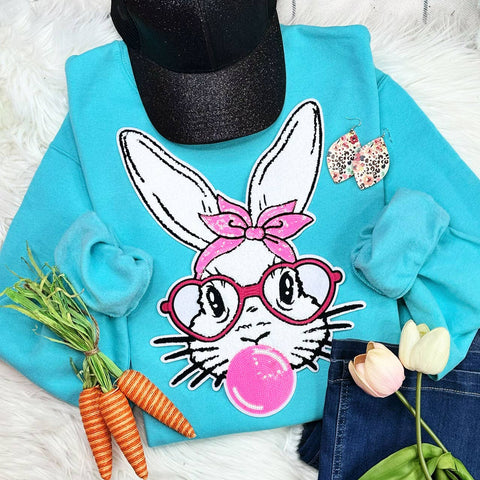 Bunny with Glasses Chenille Patch Crewneck Sweatshirt