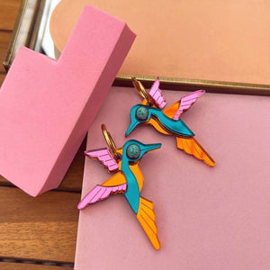 Glam Hummingbird Hoop Earrings- Orange/Turquoise/Hot Pink
