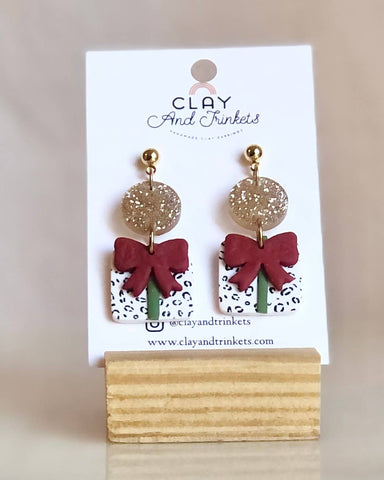 White Leopard Holiday Present Earrings-Red Bow