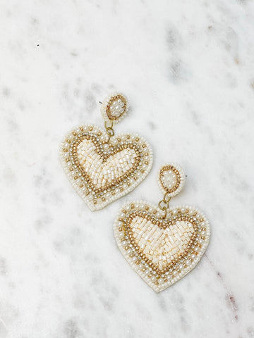 Rhinestone & Pearl Beaded Heart Dangle Earrings-Ivory