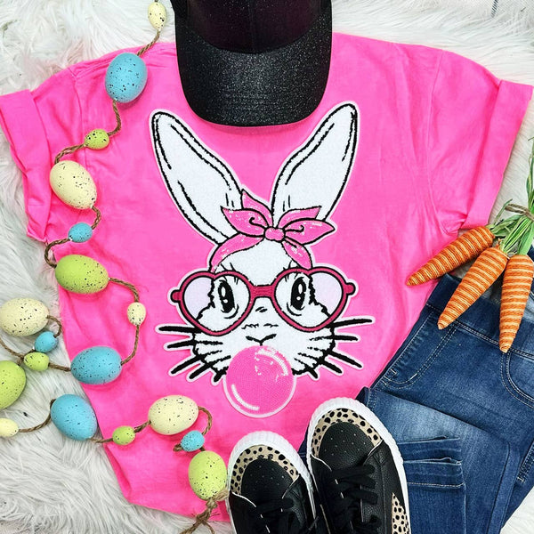 Bunny with Glasses Chenille Patch Pigment Dyed Tee