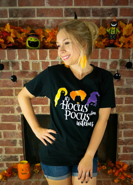 It's Hocus Pocus Time Witches Graphic V-Neck Tee- Black