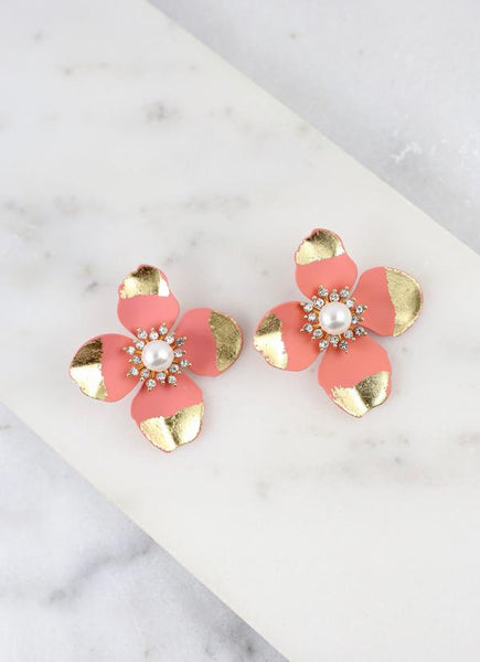 Seashore Suites Gold Dipped Petal Flower Earrings- Peach