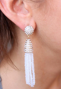 Posh Vibes Glass Bead Tassel Earrings-Clear White