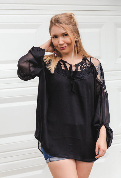 Stole Your Heart Black Lace Peasant Top