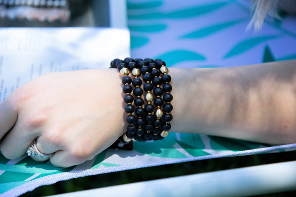 Summer Boho Set Of Five Wooden Bead Bracelets- Onyx