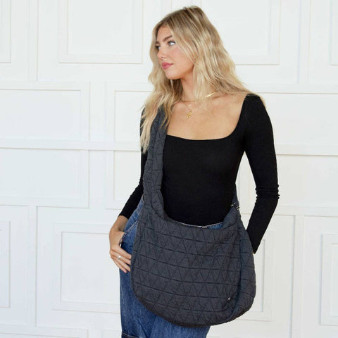 Gracie Quilted Hobo Bag- Charcoal Black