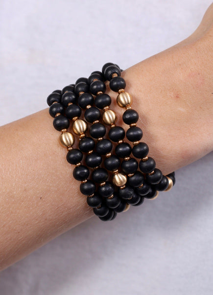 Summer Boho Set Of Five Wooden Bead Bracelets- Onyx