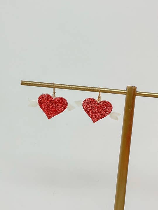 Bow & Arrow Heart Dangle Earrings-Rose Red